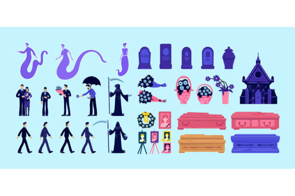 Death and Funeral Flat Color Objects Set
