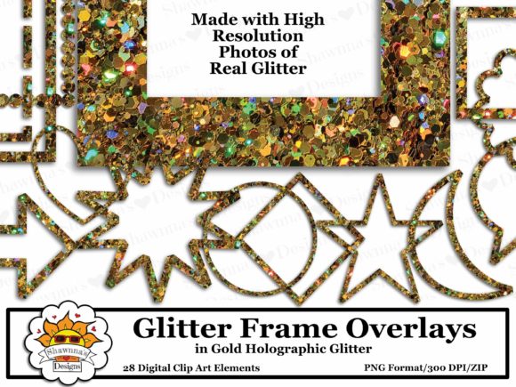 Transform Your Digital Designs with Gold Holographic Glitter Frame Overlays